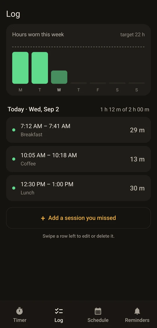 The Log screen, showing a week of wear and today's three removals