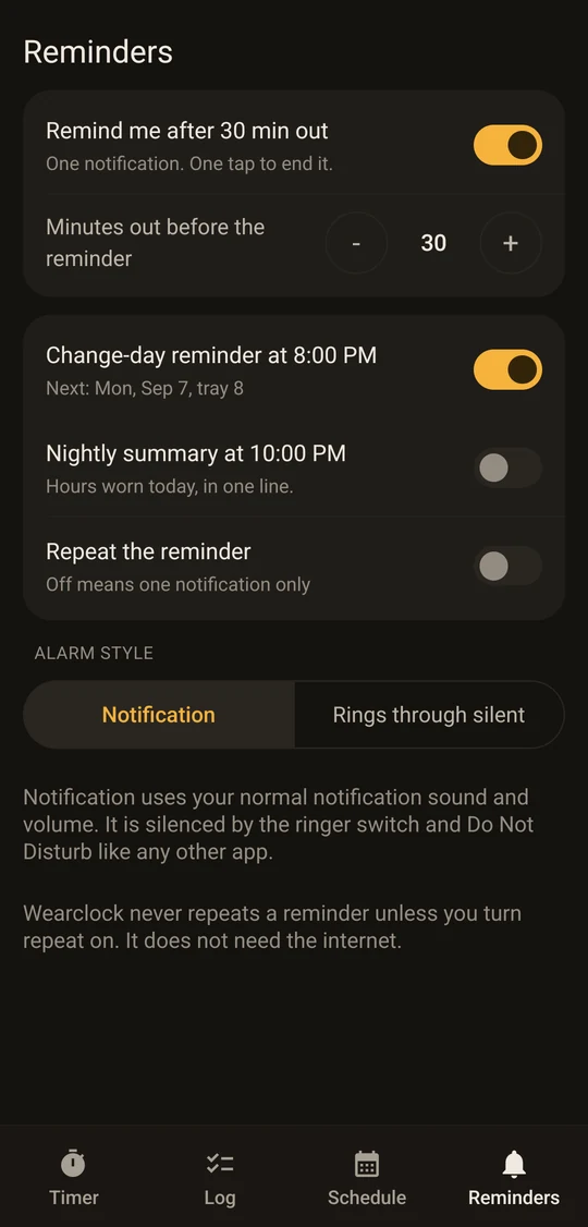 The Reminders screen, with the out-reminder, change-day and nightly summary switches
