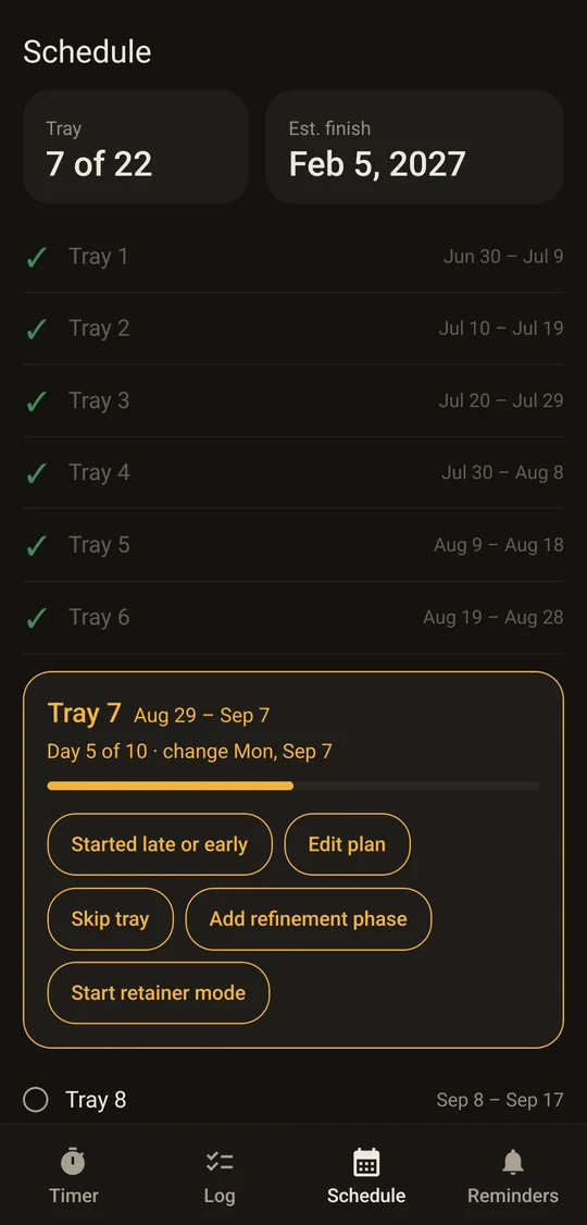 The Schedule screen, listing every tray with its dates