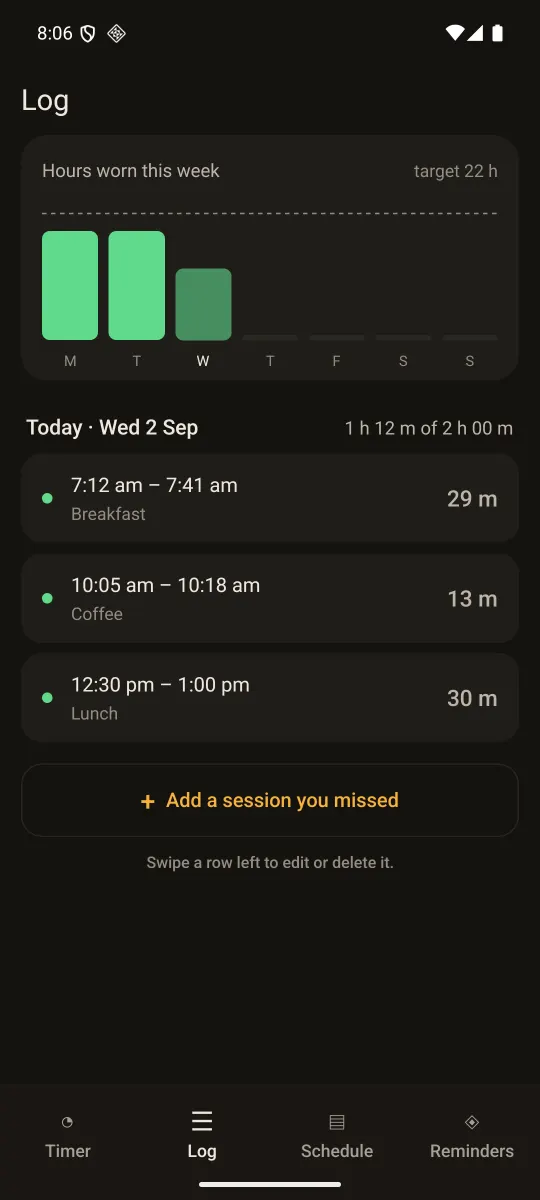 The Log screen, showing a week of wear and today's three removals