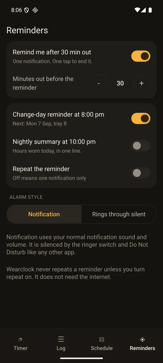 The Reminders screen, with the out-reminder, change-day and nightly summary switches